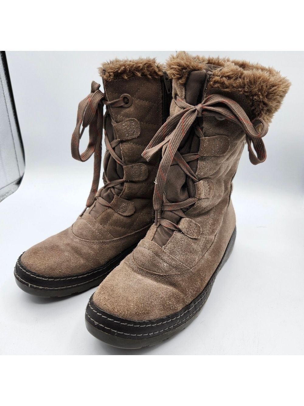 BareTraps Tan Faux Fur-Trimmed Winter Boots Side Zip & Laces Sz 8